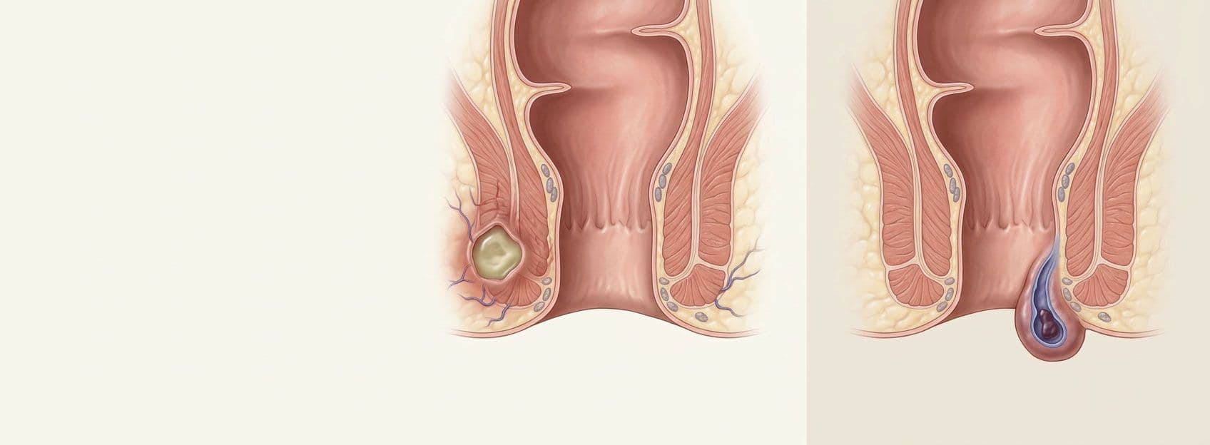 Makat apsesi ile tromboze dış hemoroid arasındaki anatomik farkı gösteren tıbbi görsel
