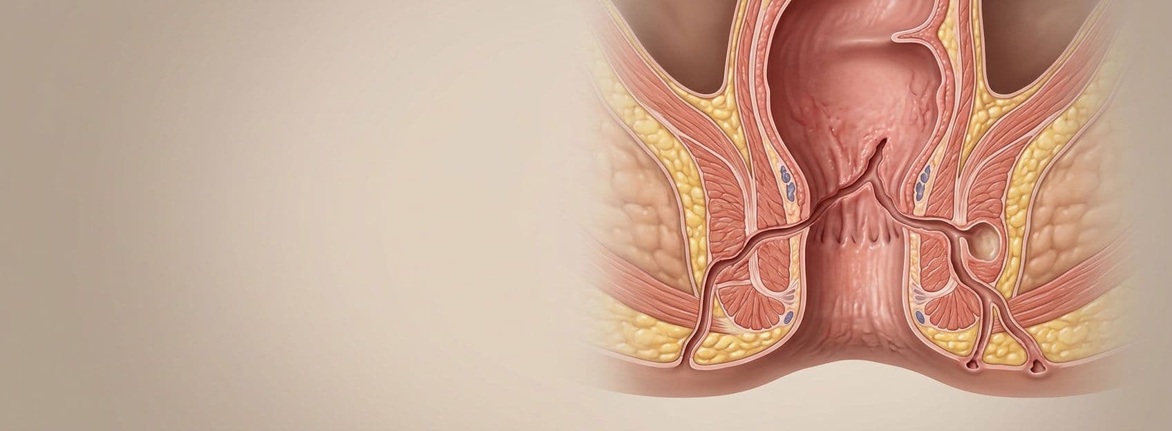 Crohn hastalığına bağlı kompleks anal fistül ve bağırsak inflamasyonunu gösteren tıbbi anatomik görsel